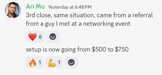 Community screenshot: a student's third close, with setup going from $500 to $750