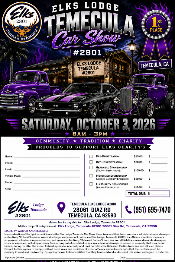 Temecula Valley Elks Lodge #2801 Car Show poster