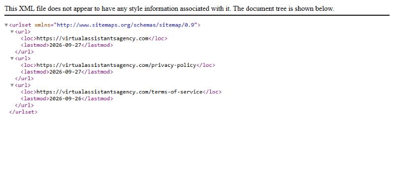 Live sitemap listing three pages