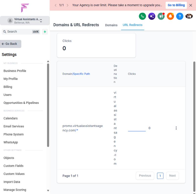 Redirect list showing the promo subdomain redirected to the main site