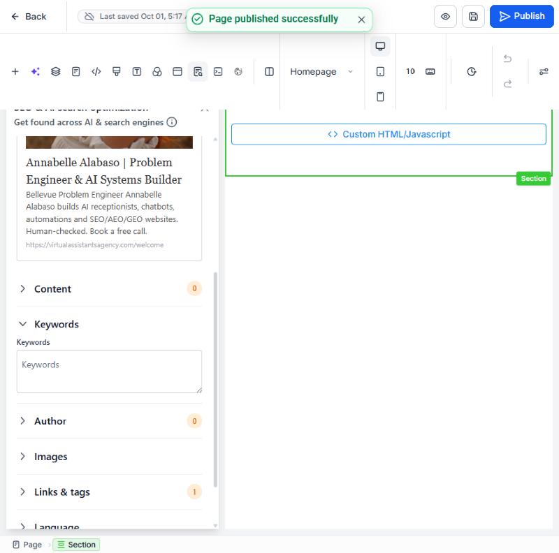 Editor showing Page published successfully with the keywords field empty