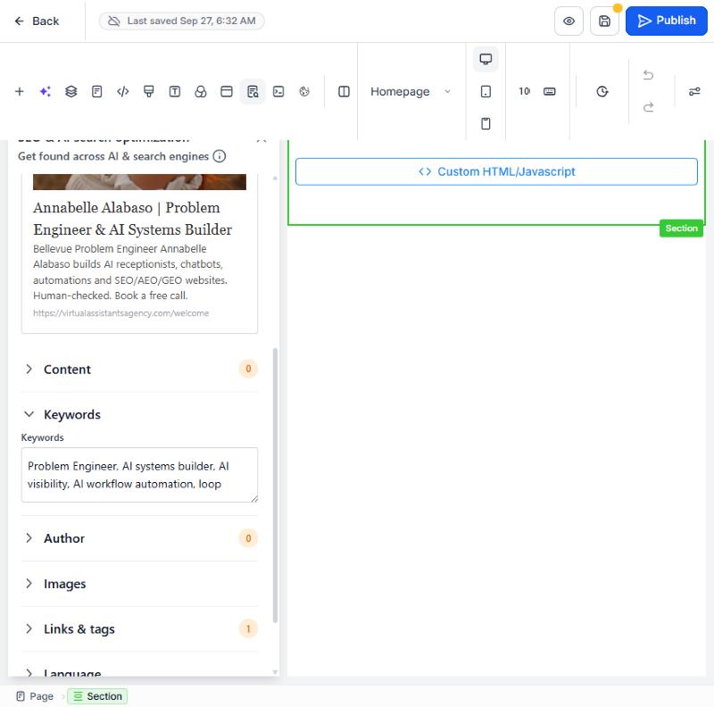 SEO panel with the keywords field filled in