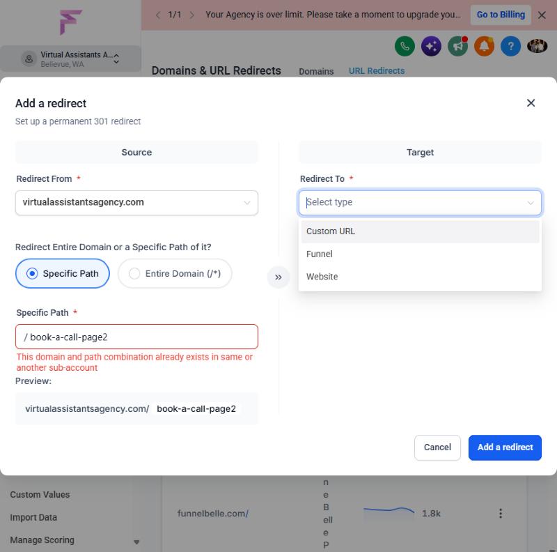 Redirect dialog showing the error that the path already exists