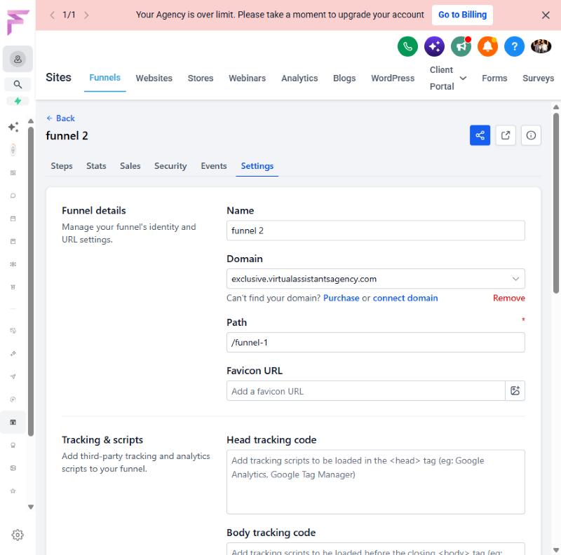 Funnel settings showing the checkout subdomain connected