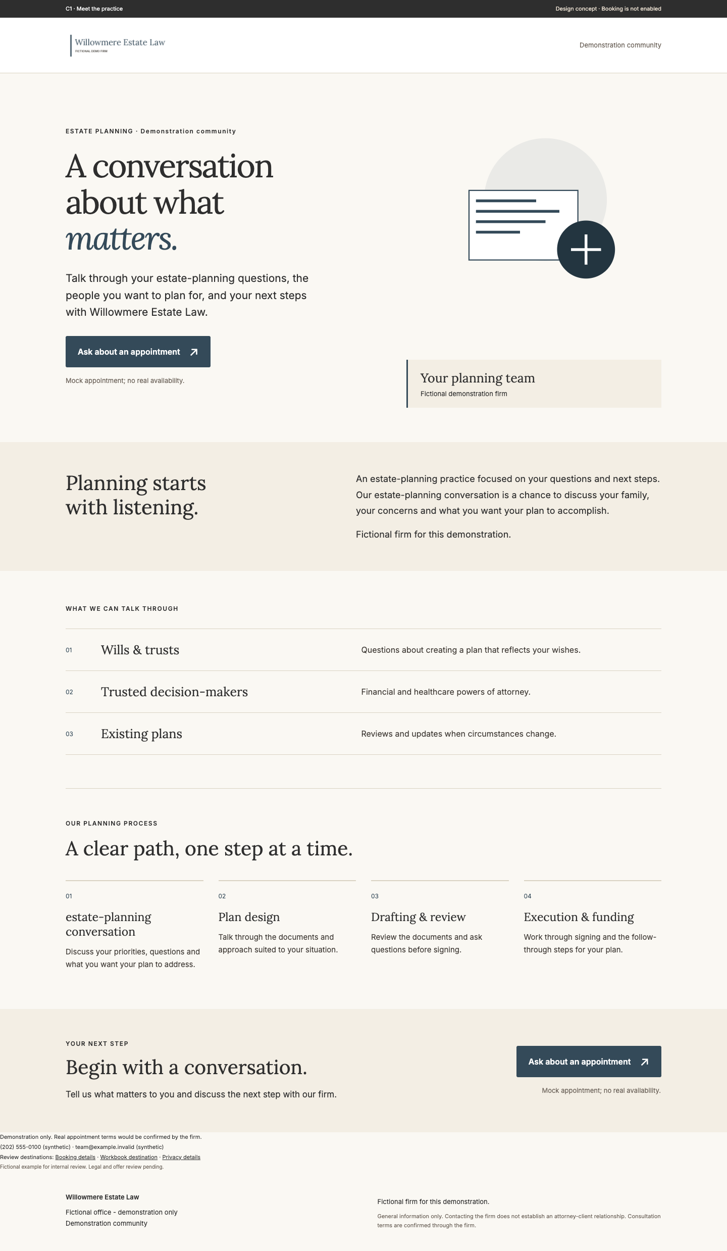 Existing matching illustrative Willowmere Estate Law landing page