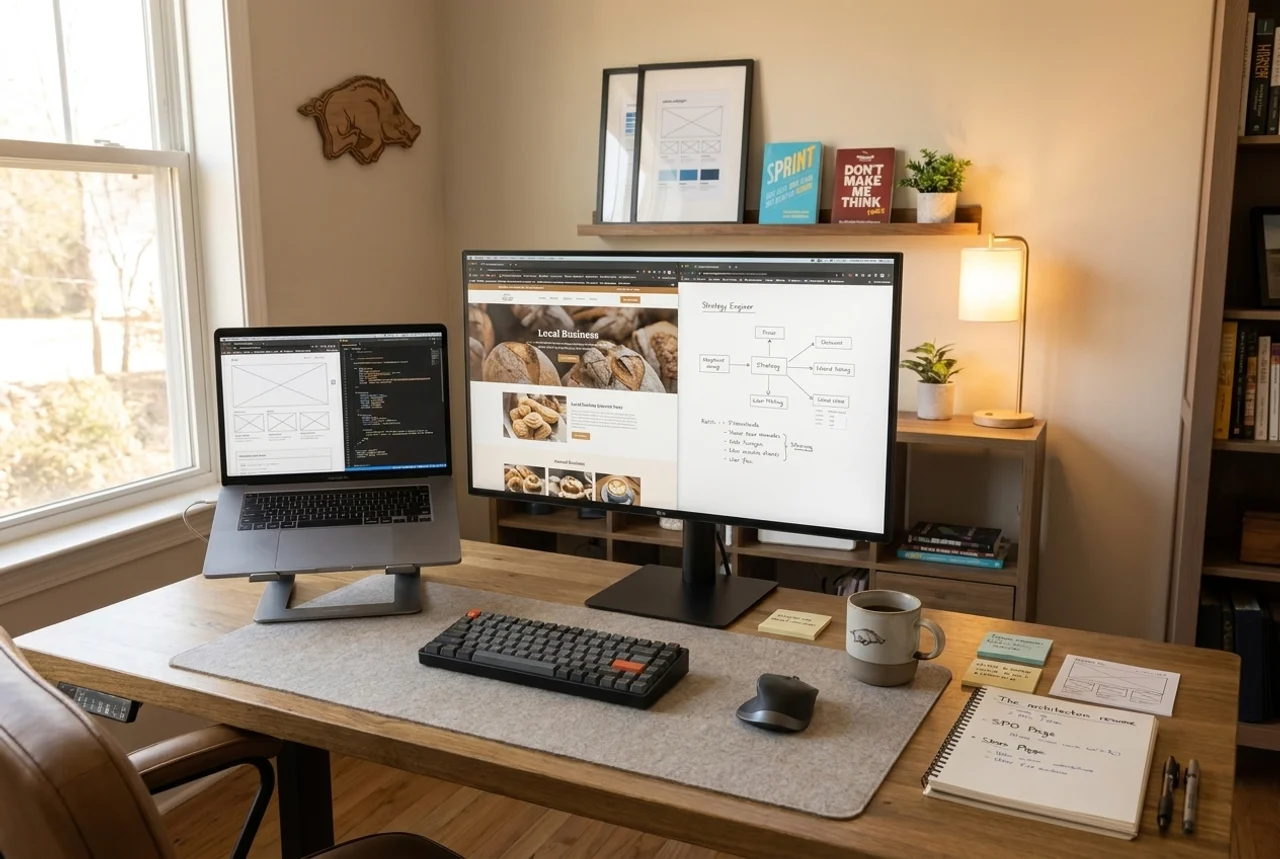 Laptop and monitor setup used for a local business website clarity review