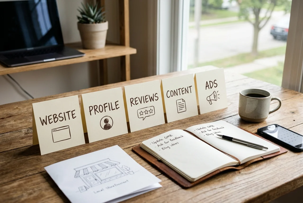 Planning the order of local marketing work: website, profile, reviews, content, ads