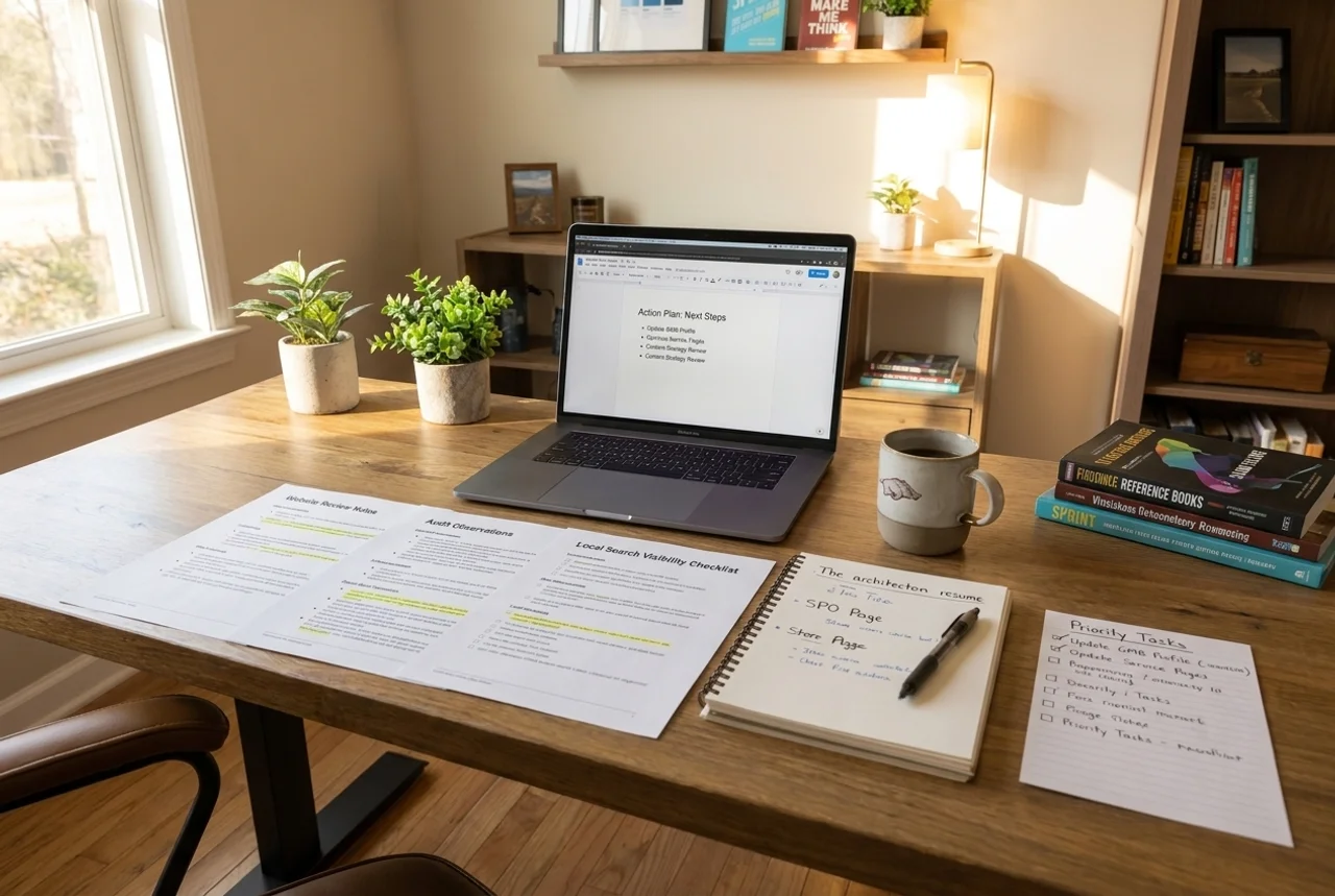 Printed local SEO audit notes and checklist on a desk next to a laptop