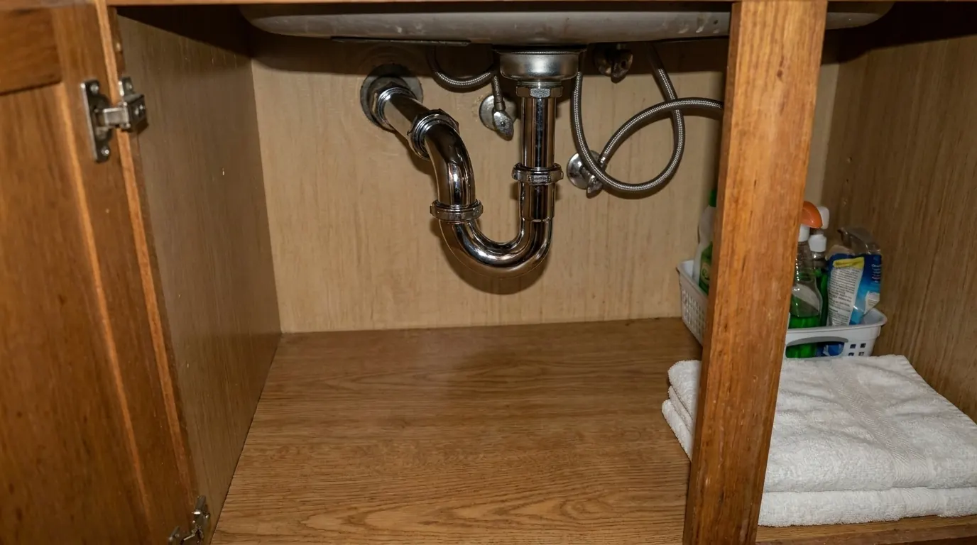 After: new chrome P-trap and braided supply lines, cabinet clean and dry