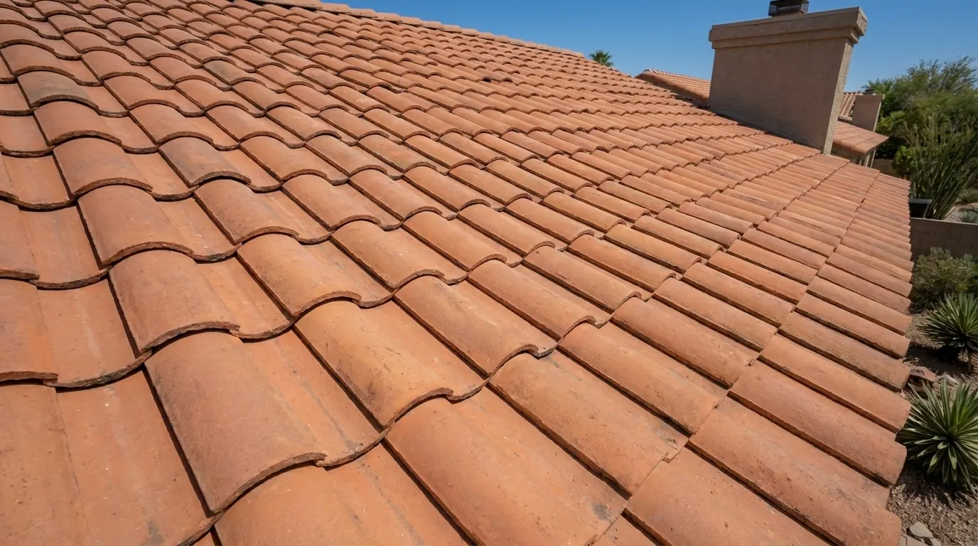 After: repaired tile roof, every course complete, under a clear blue sky