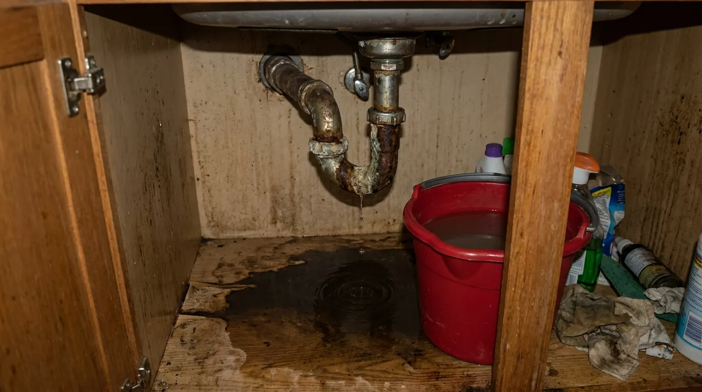 Before: corroded, leaking P-trap under the kitchen sink with water pooling