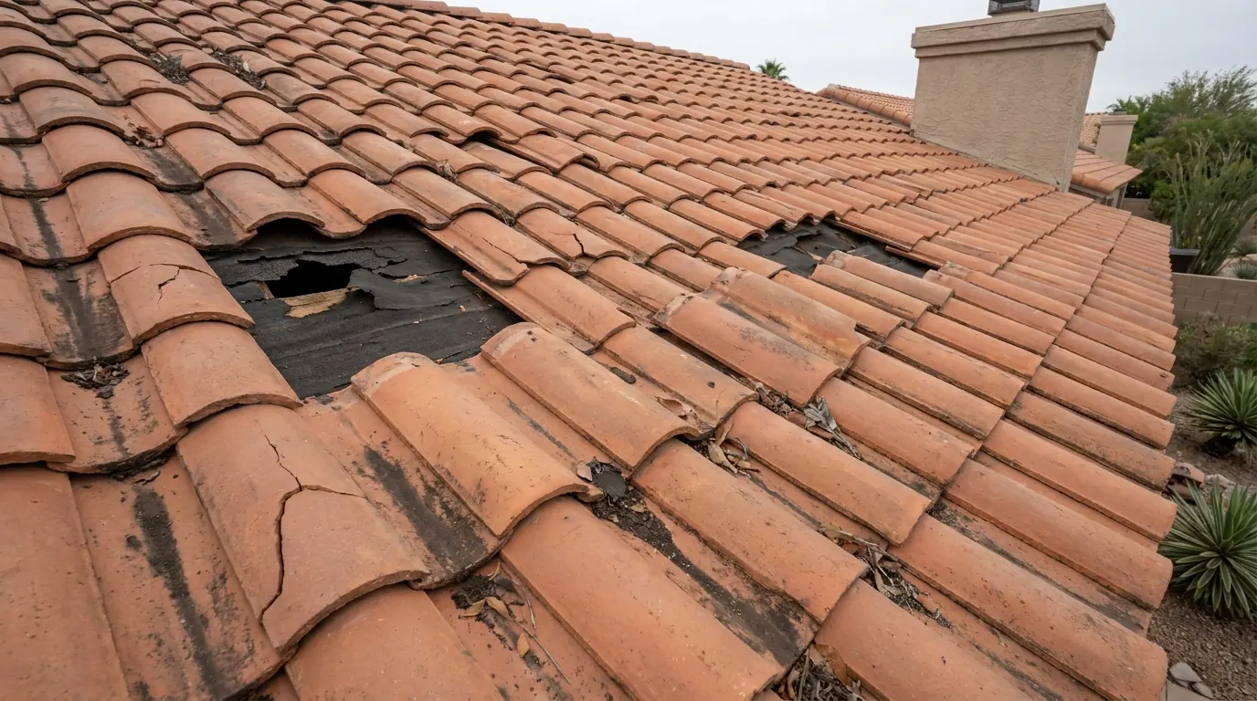 Before: cracked and missing terracotta roof tiles with exposed underlayment