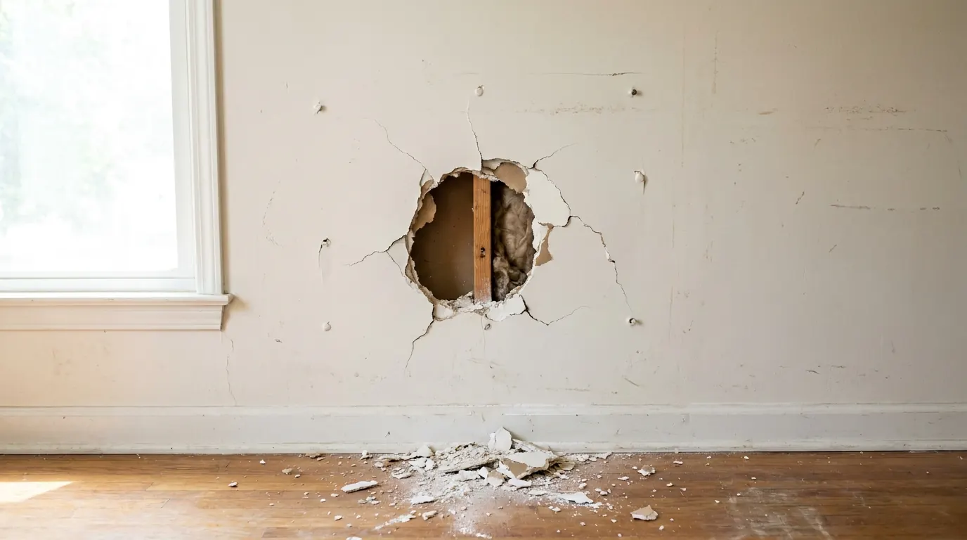 Before: hole punched through drywall with cracks and debris