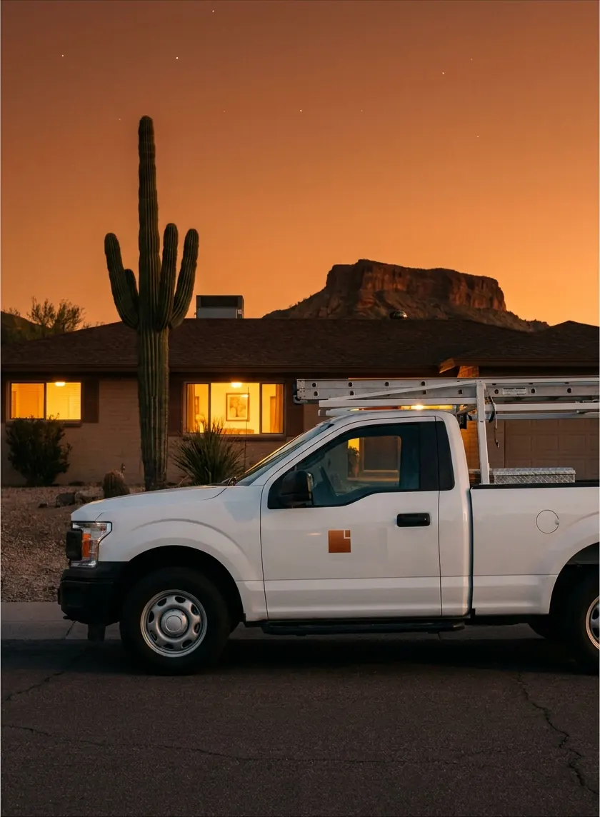 Punch List PHX work truck with ladder rack at a Phoenix home at dusk