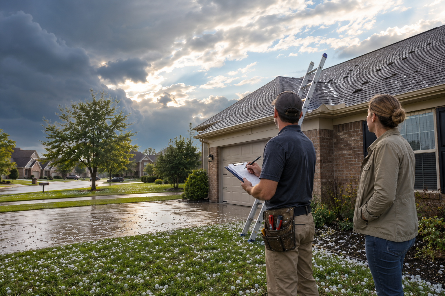 Hail-damaged asphalt shingles showing bruised spots and granule loss on a Middle Tennessee roof