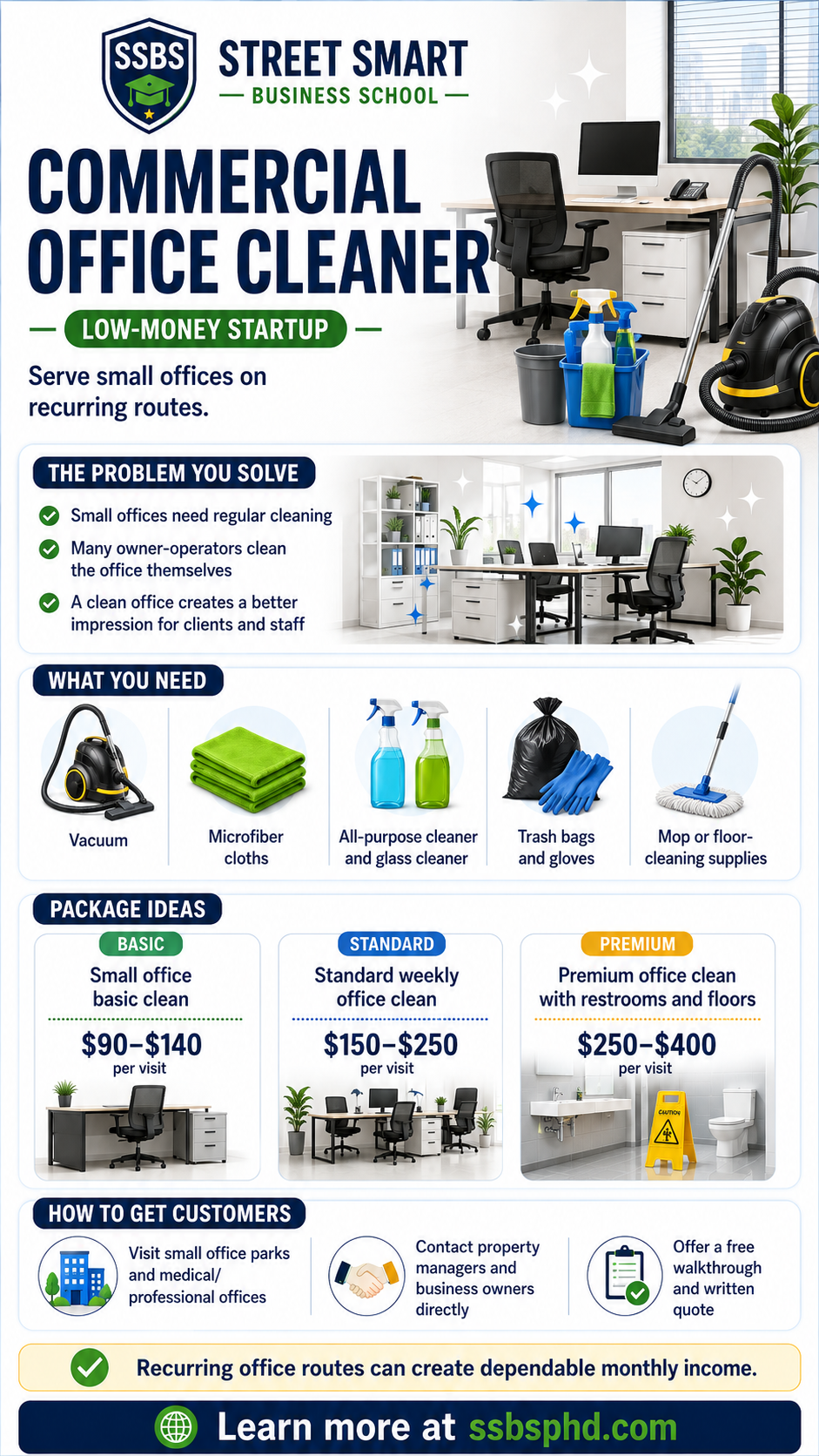 Street Smart Business School commercial office cleaning side hustle guide showing startup equipment, office cleaning pricing packages and customer acquisition ideas