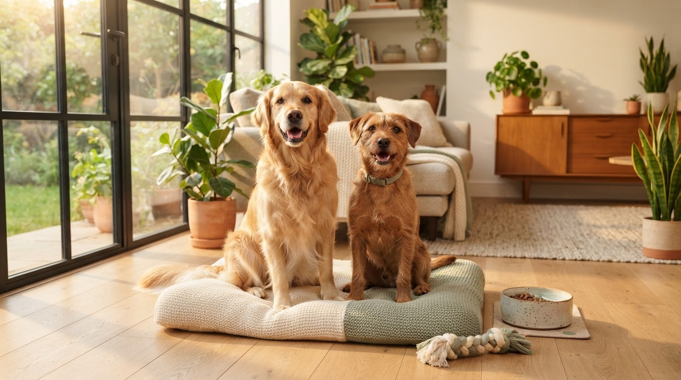 Two happy dogs sitting together in a warm living room