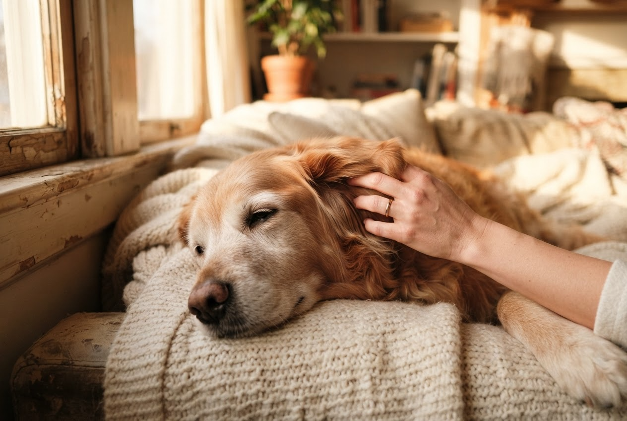 Dog relaxing while receiving a gentle head rub
