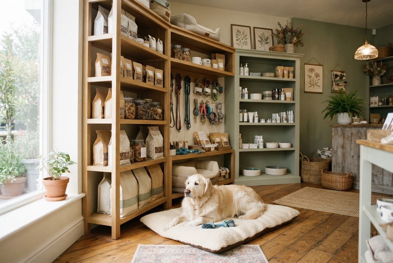 Dog relaxing inside a curated home-style shop