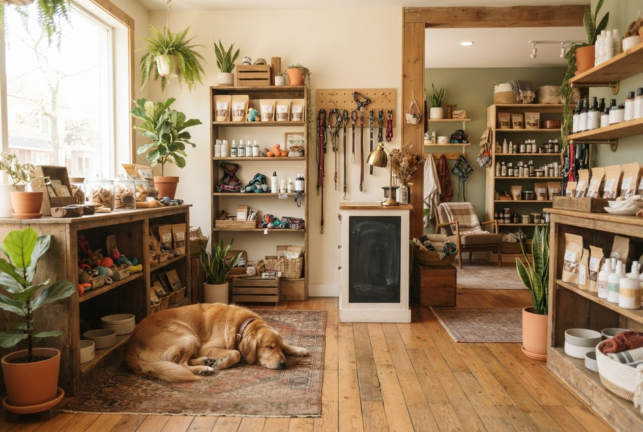 Warm, thoughtfully arranged neighborhood dog store interior