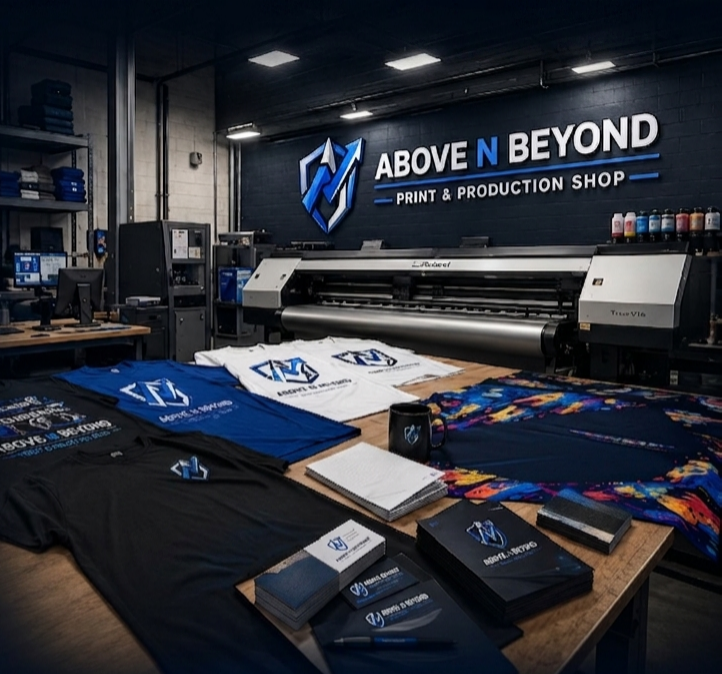 Above N Beyond print shop with custom branded apparel, banners and business cards