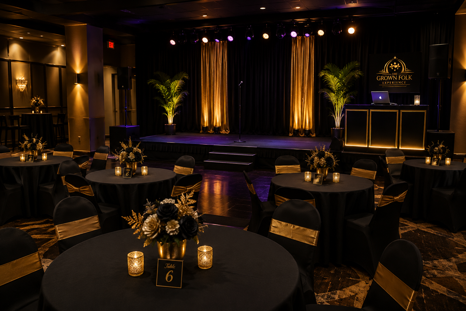 Elegant black and gold event lounge with round tables, floral centerpieces, a stage, and a DJ booth