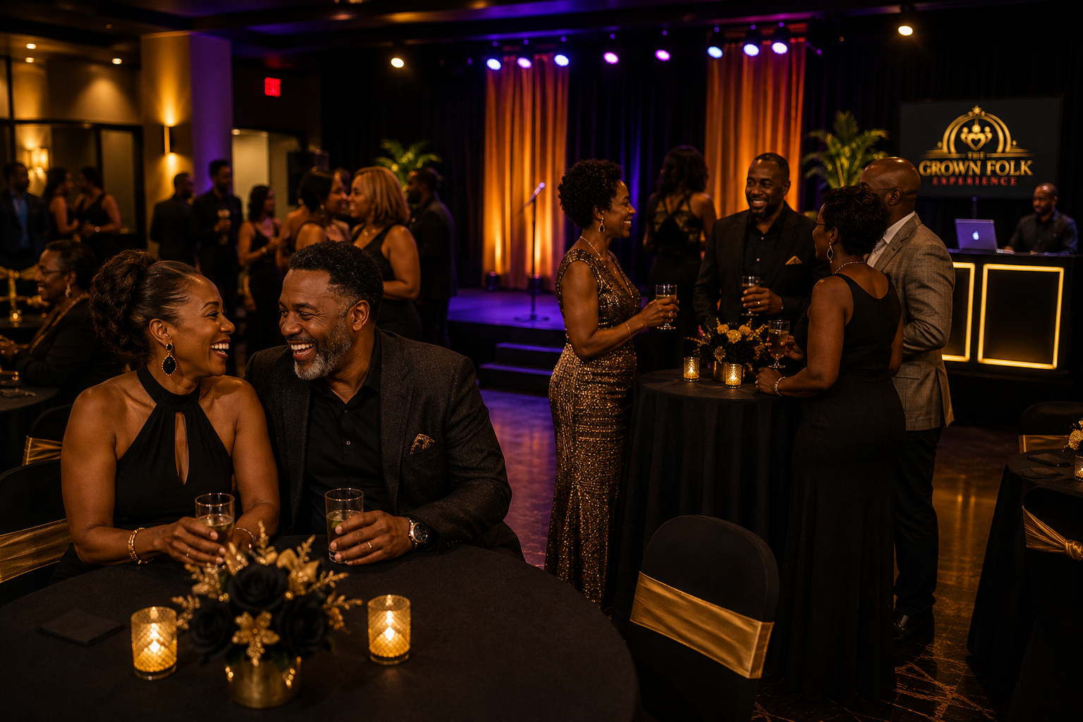 Elegantly dressed Black adults laughing and mingling at The Grown Folk Experience with a stage and DJ booth in the background