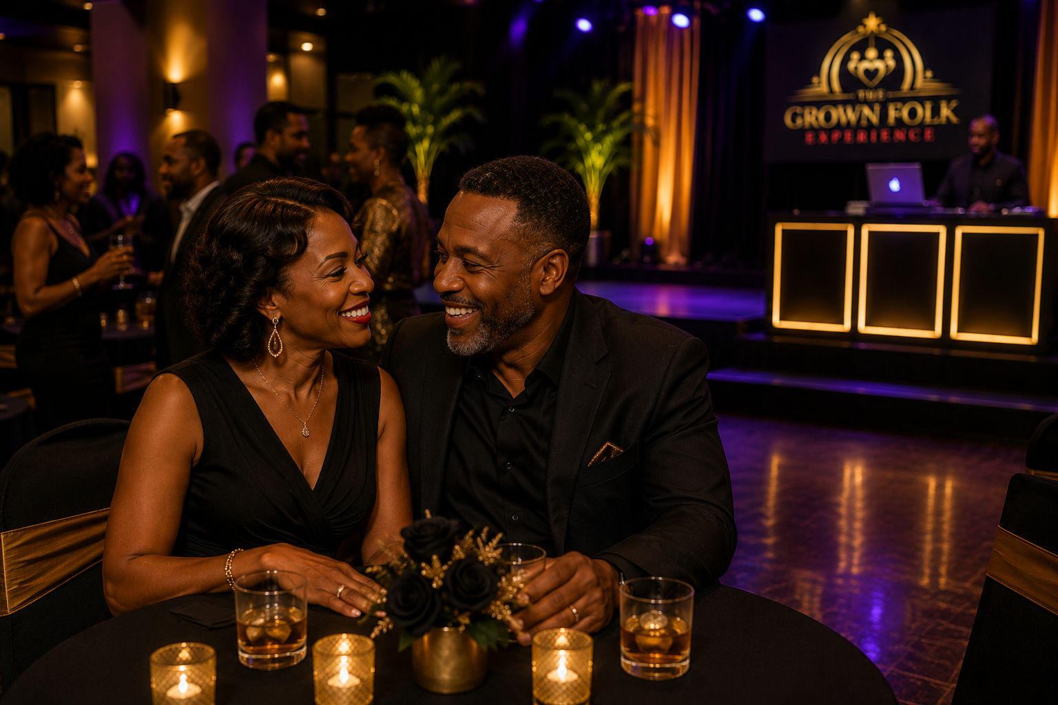 Elegantly dressed mature Black couple enjoying a romantic evening together