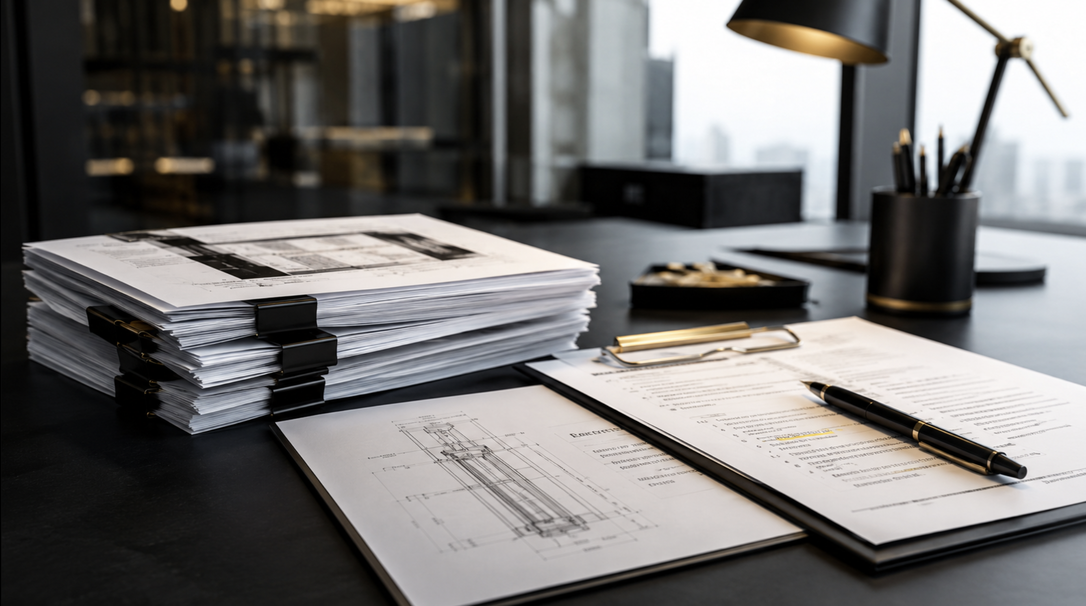 Elevator contract review documents on a professional office desk