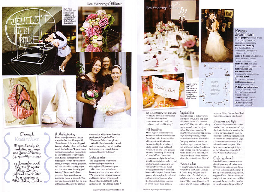 London Wedding featured in Cosmo Bride Magazine Keata and Jason\'s real wedding feature