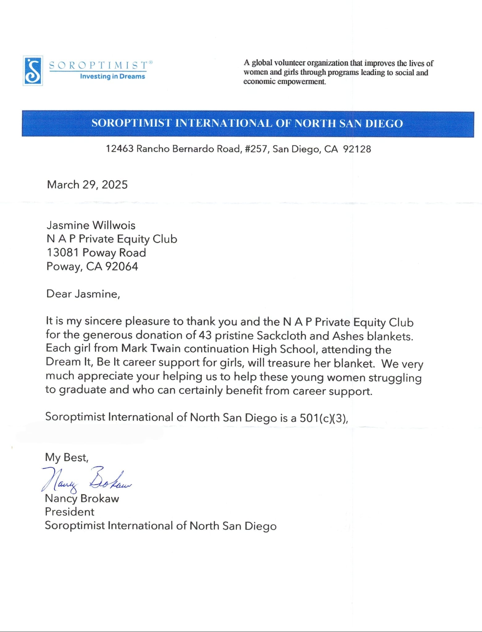 Soroptimist International Letter of Appreciation
