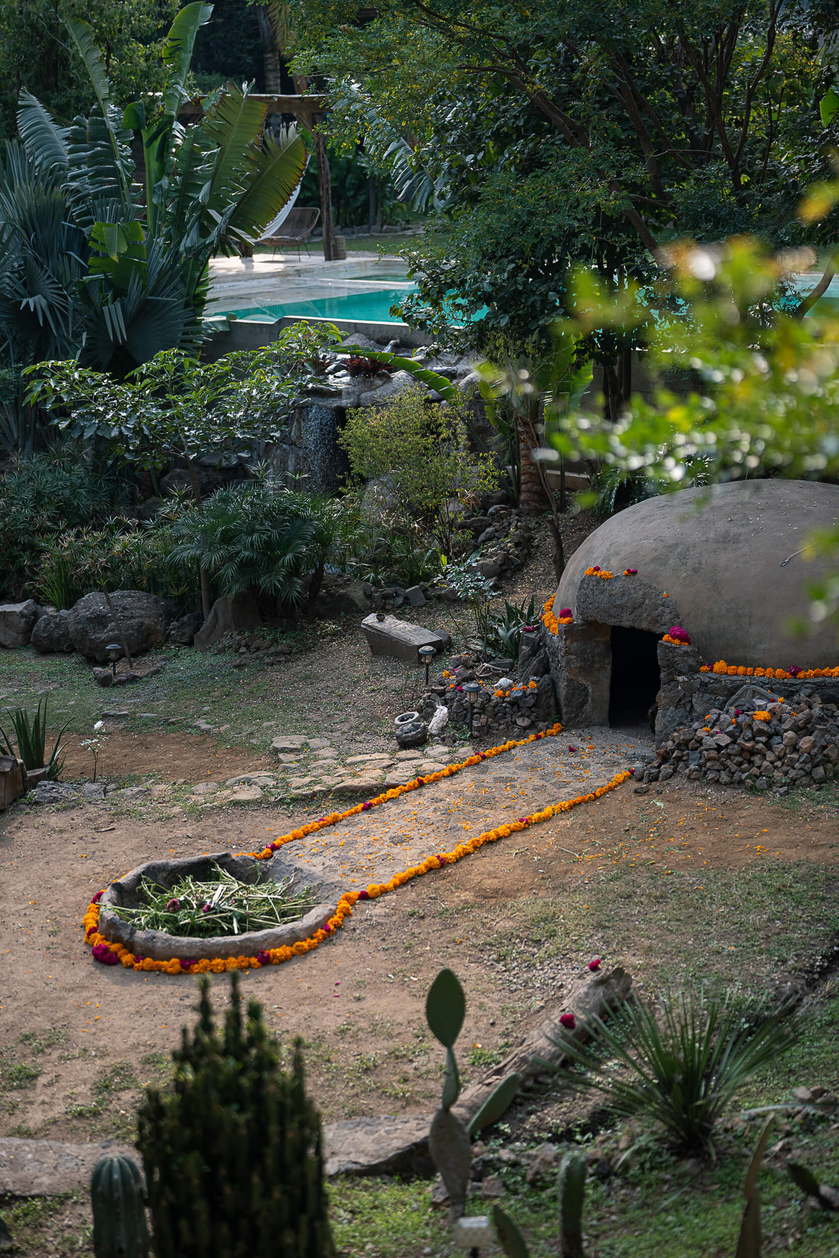 Stone pathway leading to the main entrance surrounded by tropical plants at Amate Retreat Centre