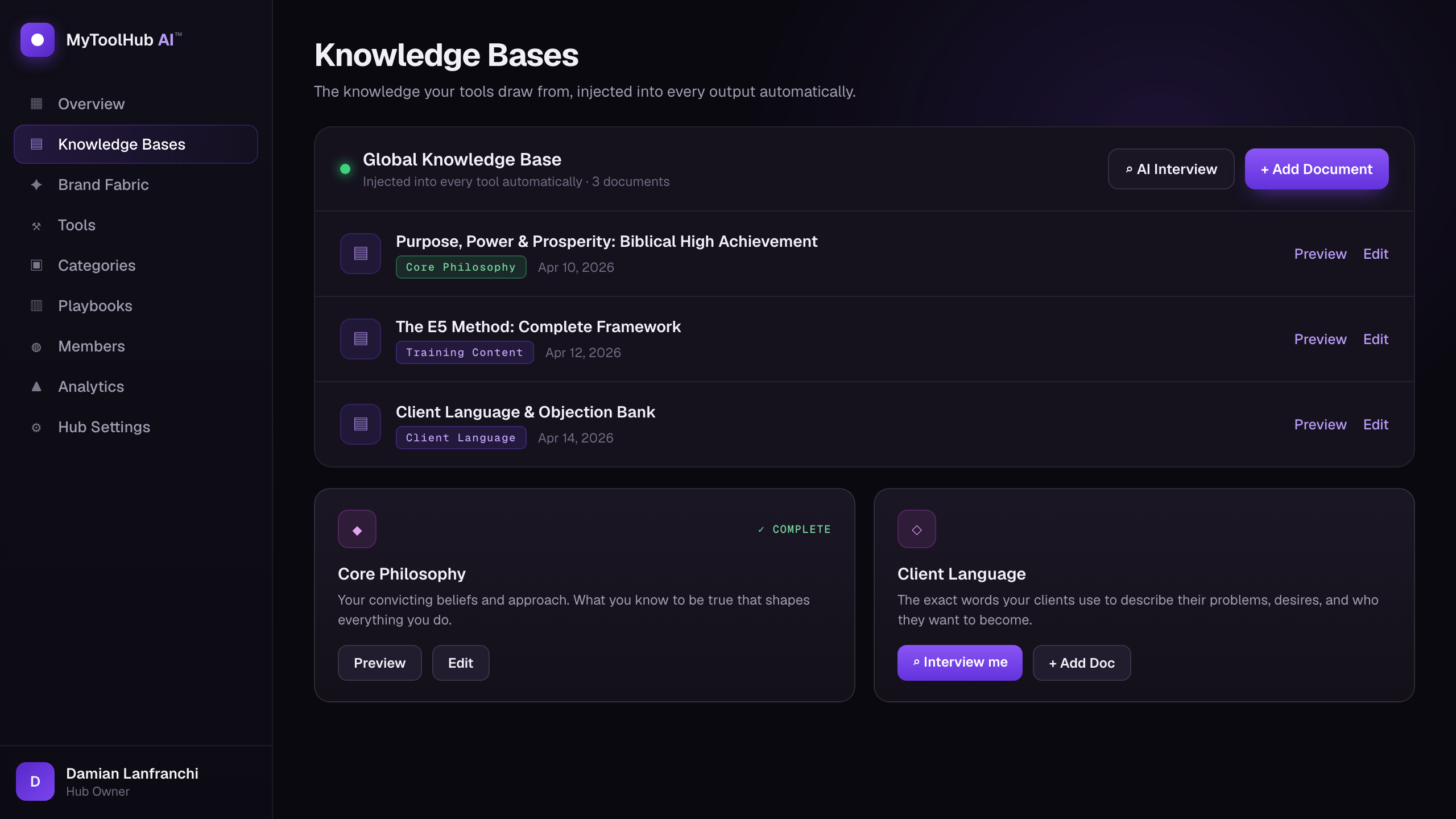 Knowledge Bases page inside the builder dashboard, showing a Global Knowledge Base with Core Philosophy, Training Content, and Client Language documents, plus the two foundation cards.