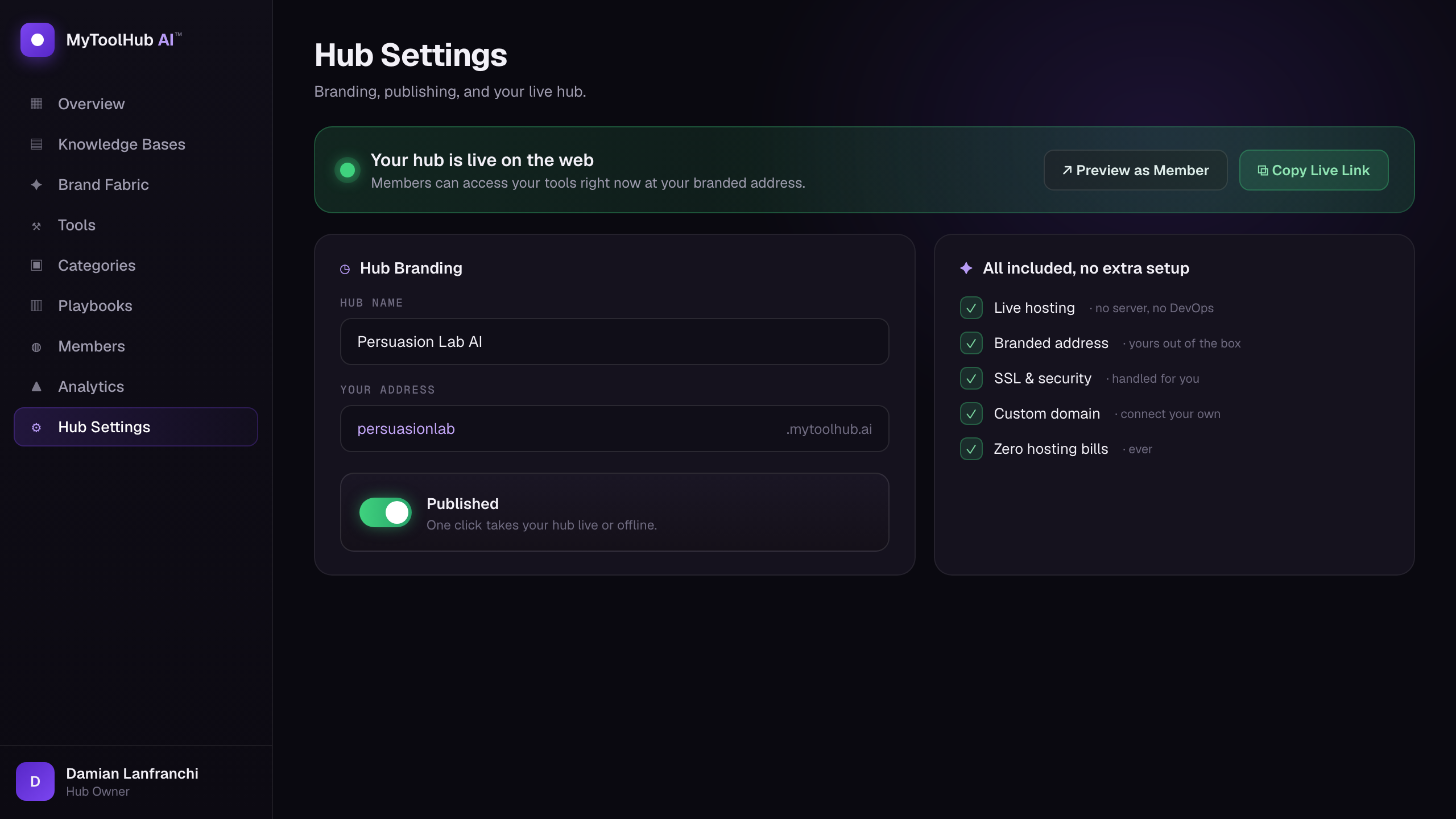 Hub Settings showing a green 'your hub is live on the web' banner, hub branding with name and address, a one-click Published toggle, and an all-included checklist covering hosting, branded address, SSL, custom domain, and zero hosting bills.