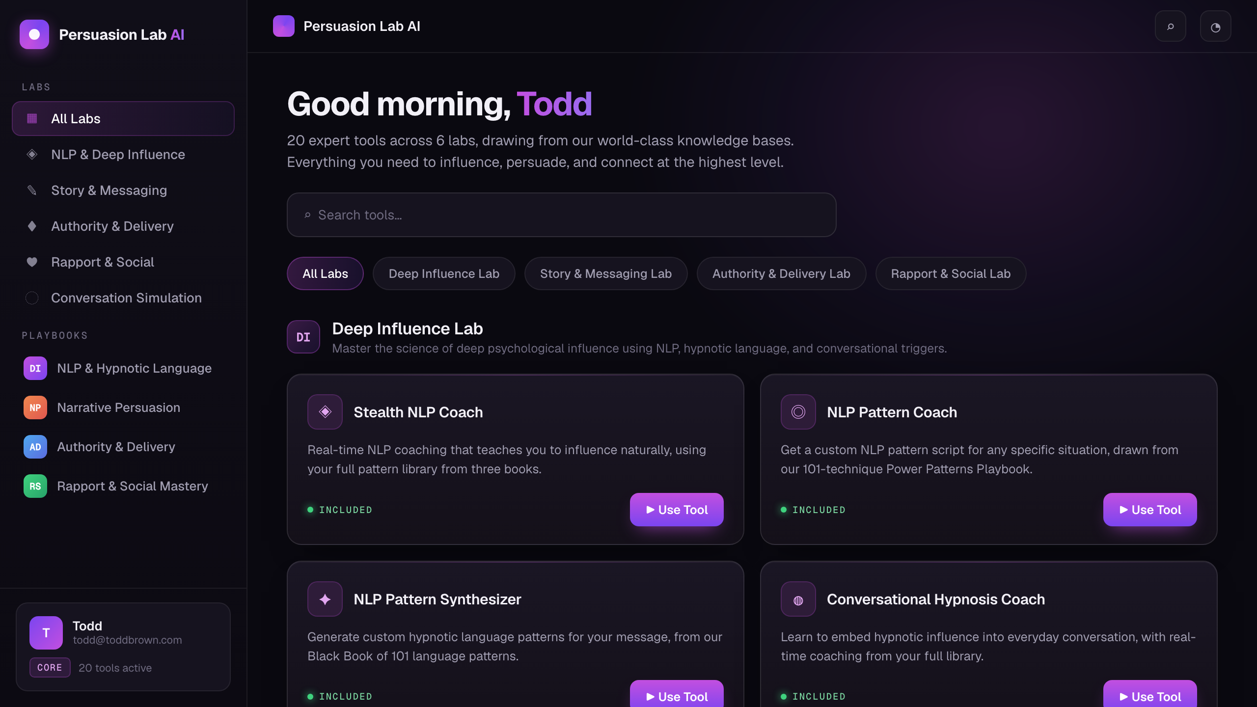 A branded member hub showing the Persuasion Lab AI logo, a sidebar of Labs and Playbooks, a personalized greeting, and a grid of AI tool cards. Zero MyToolHub branding visible.