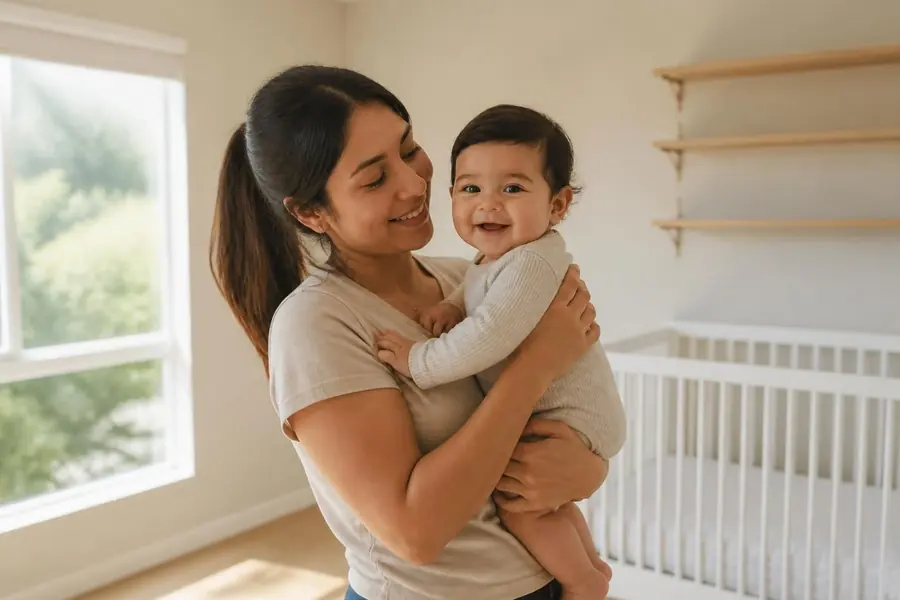 Madre con su bebé en una habitación despejada
