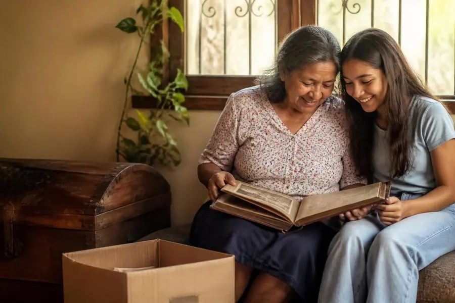 Abuela y nieta miran un álbum de fotos