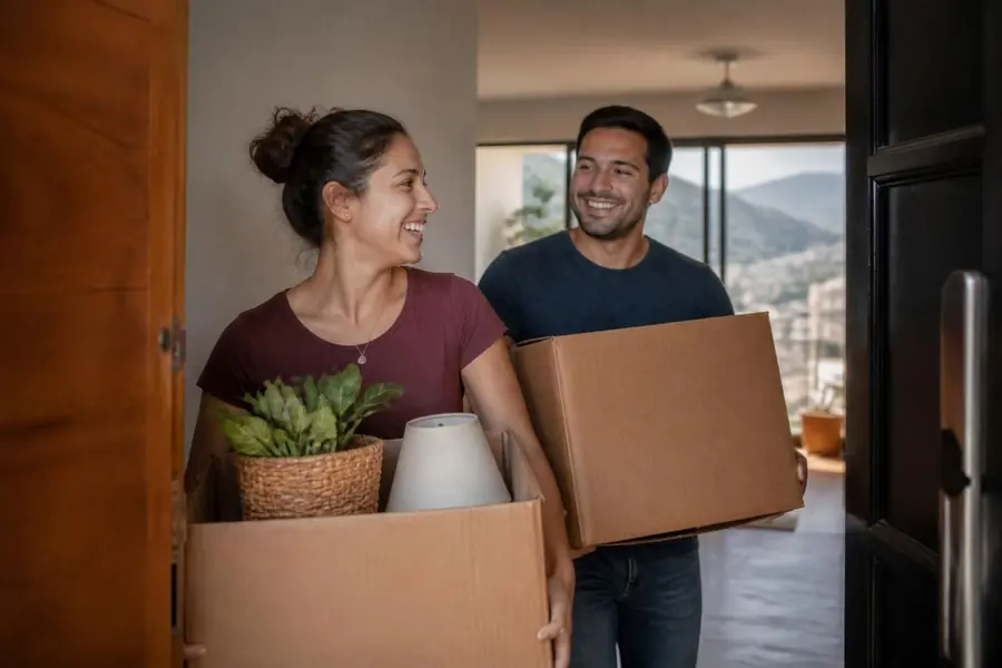 Pareja joven carga cajas de mudanza sonriendo