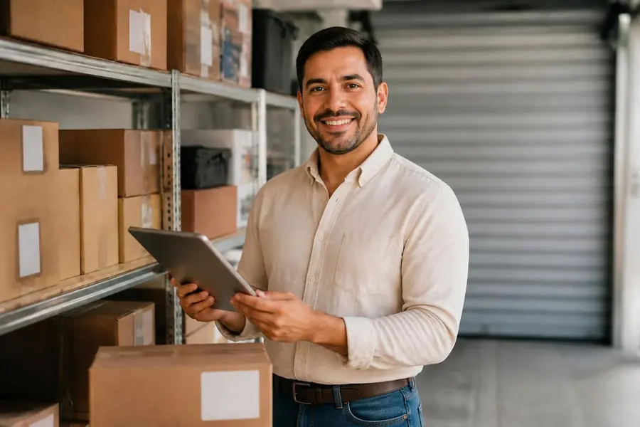 Emprendedor revisa cajas de mercancía en su depósito
