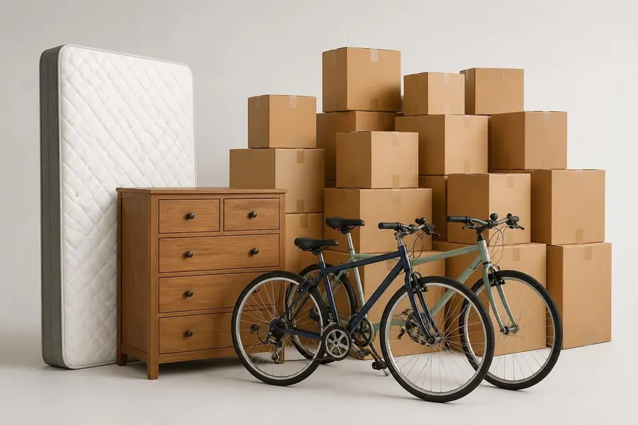 Un colchón, una cómoda, dos bicicletas y cajas de mudanza
