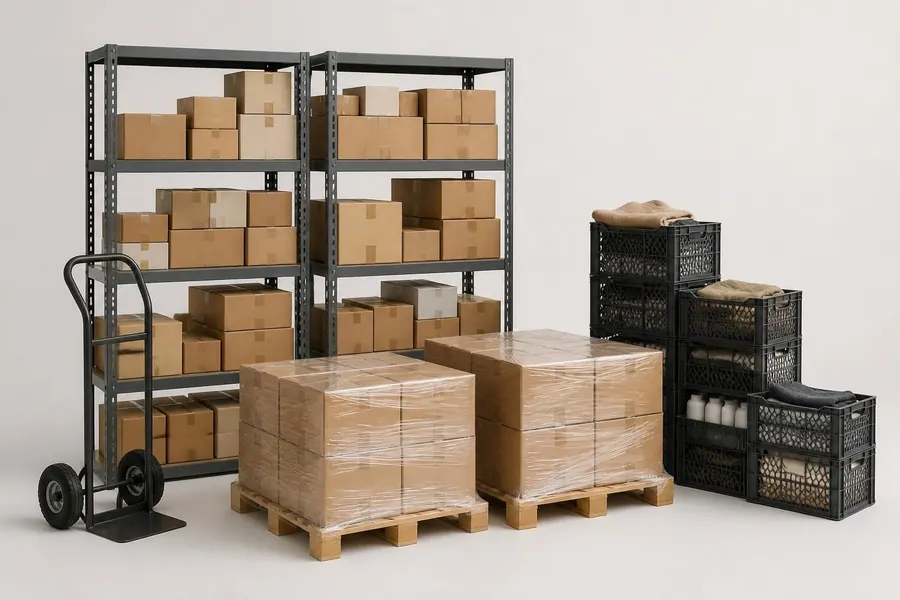 Inventario de un negocio: estantes con cajas, paletas con mercancía, una carretilla y cajas plásticas