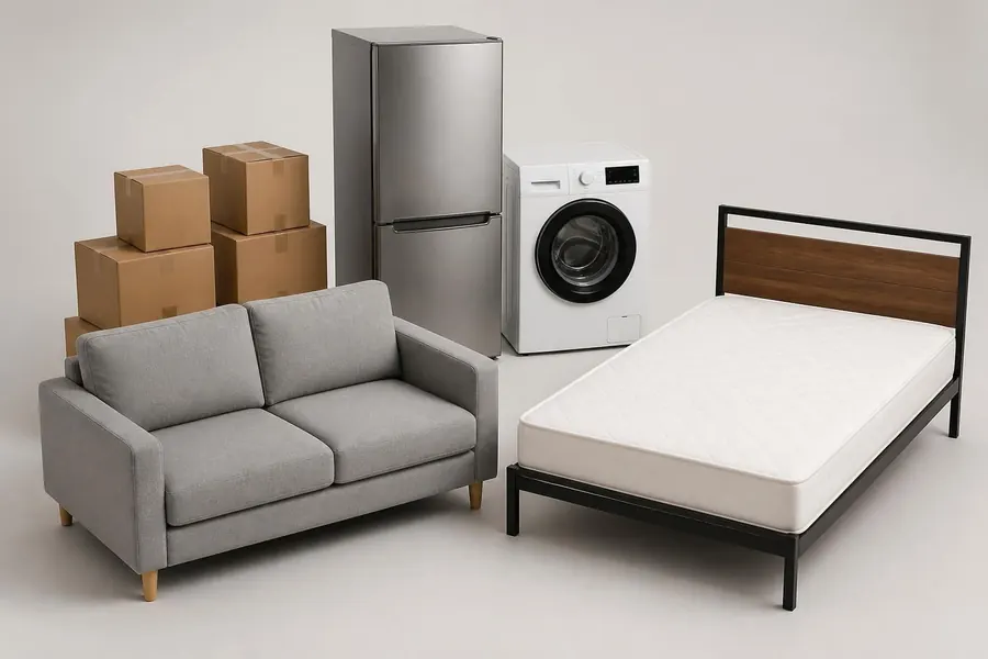 Un sofá, una cama, una nevera, una lavadora y cajas