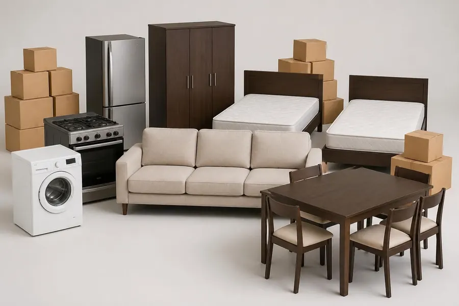 Los muebles y electrodomésticos de un apartamento de dos o tres habitaciones: sofá, dos camas, comedor, nevera, cocina y lavadora
