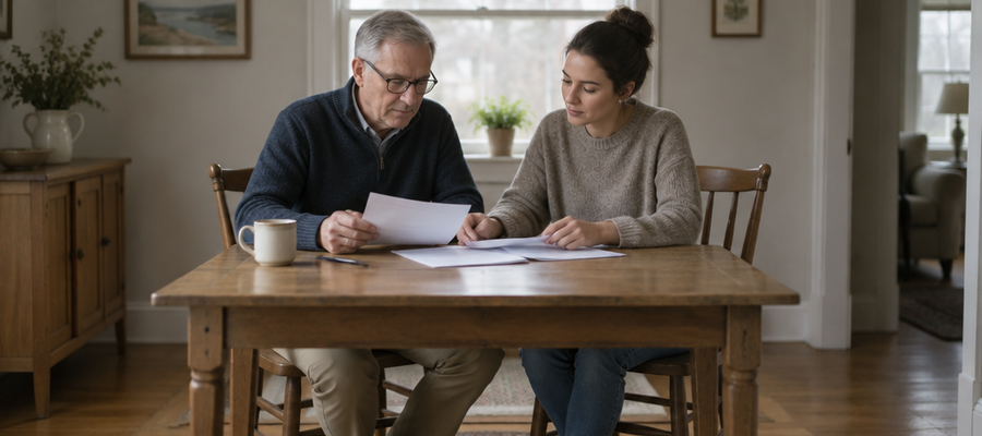 A father and daughter going over an FHA gift letter at the kitchen table