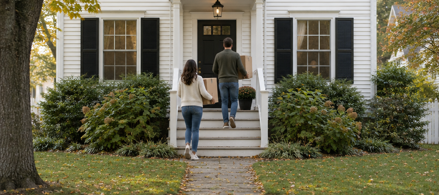 A couple carrying moving boxes into a New England home