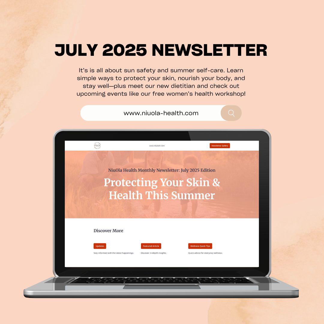 Laptop displaying the NiuOla Health May 2025 Newsletter webpage with the headline “Thrive Together: Women’s Health Week Kickoff & Wellness Wisdom.” Above the laptop, bold text reads “May 2025 Newsletter” with a summary about wellness tips, myth-busting facts, healthy recipes, and community event updates. NiuOla Health website link shown.