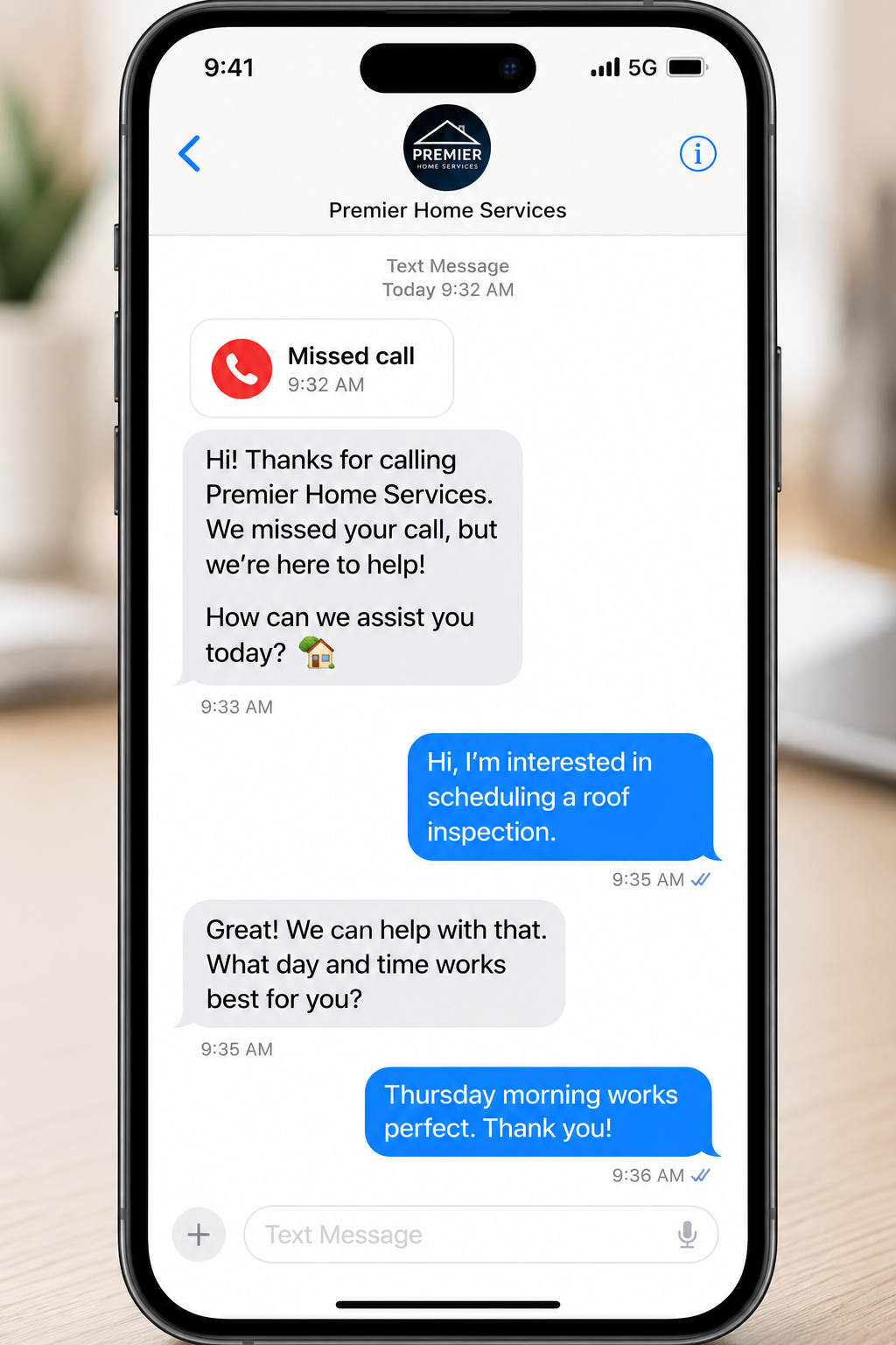 Phone screen showing automatic missed call text back reply to a customer Phone screen showing automatic missed call text back reply to a customer