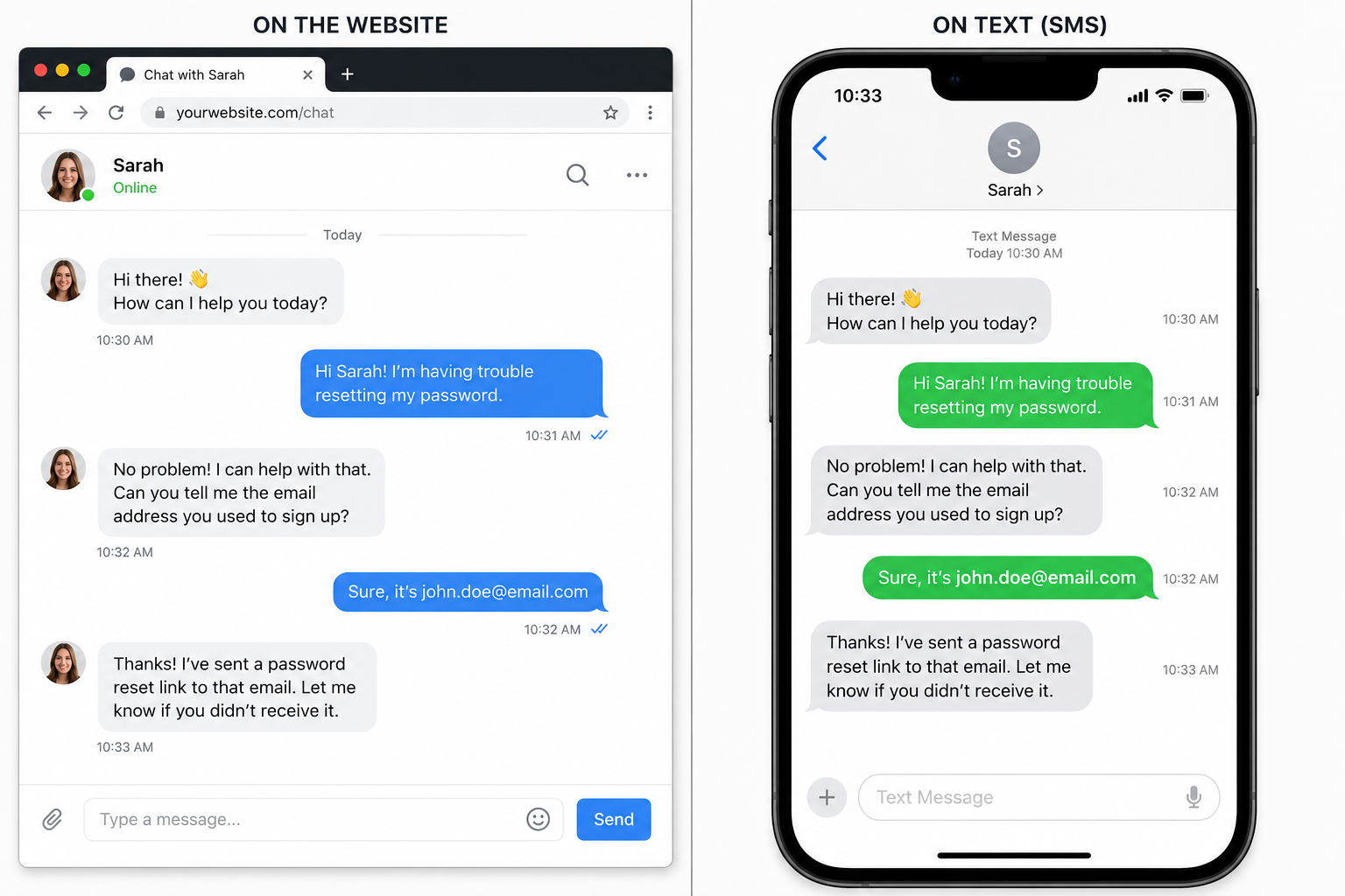 Website chat message routing directly to a business owner's phone as a text