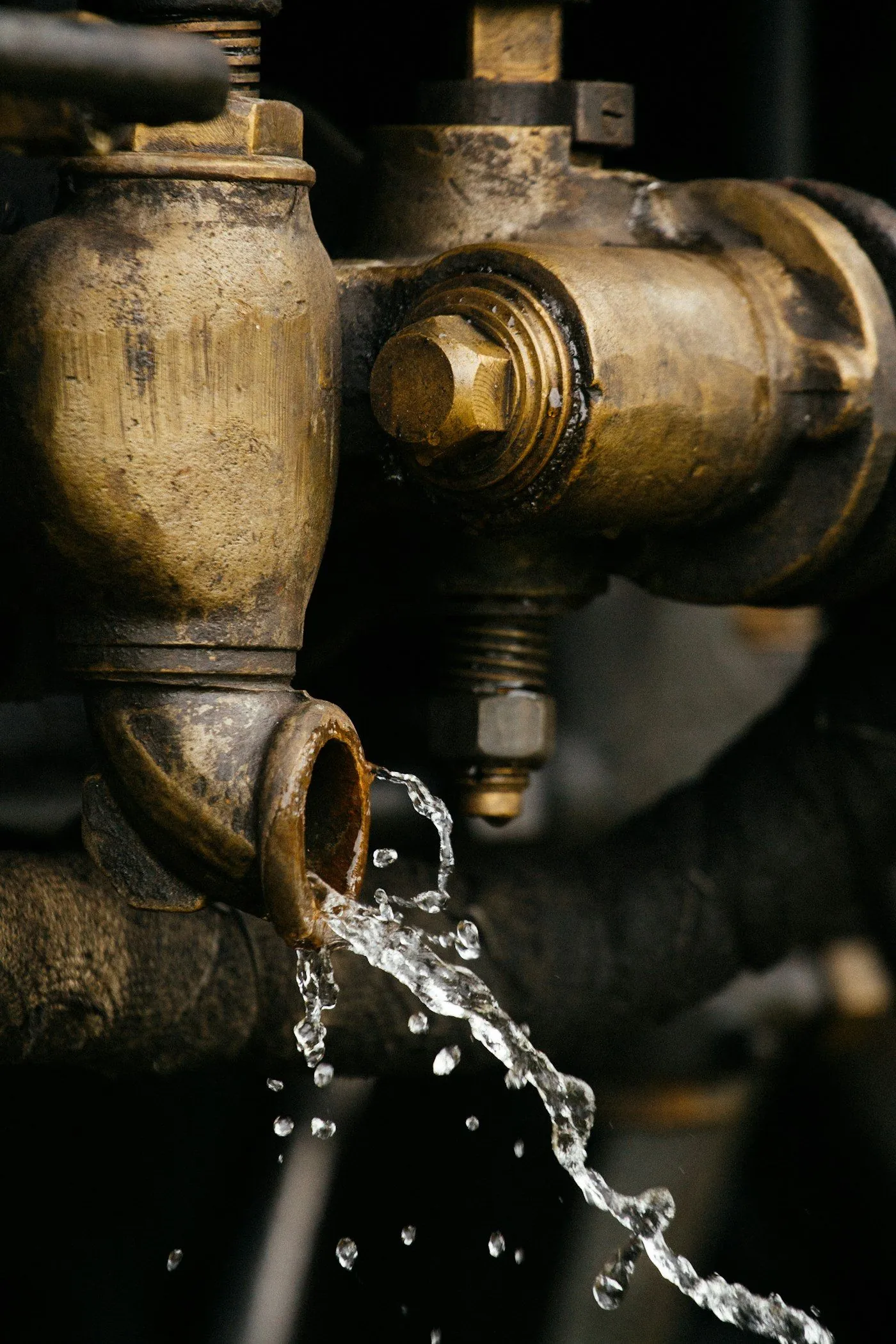 Water spraying from an old brass valve