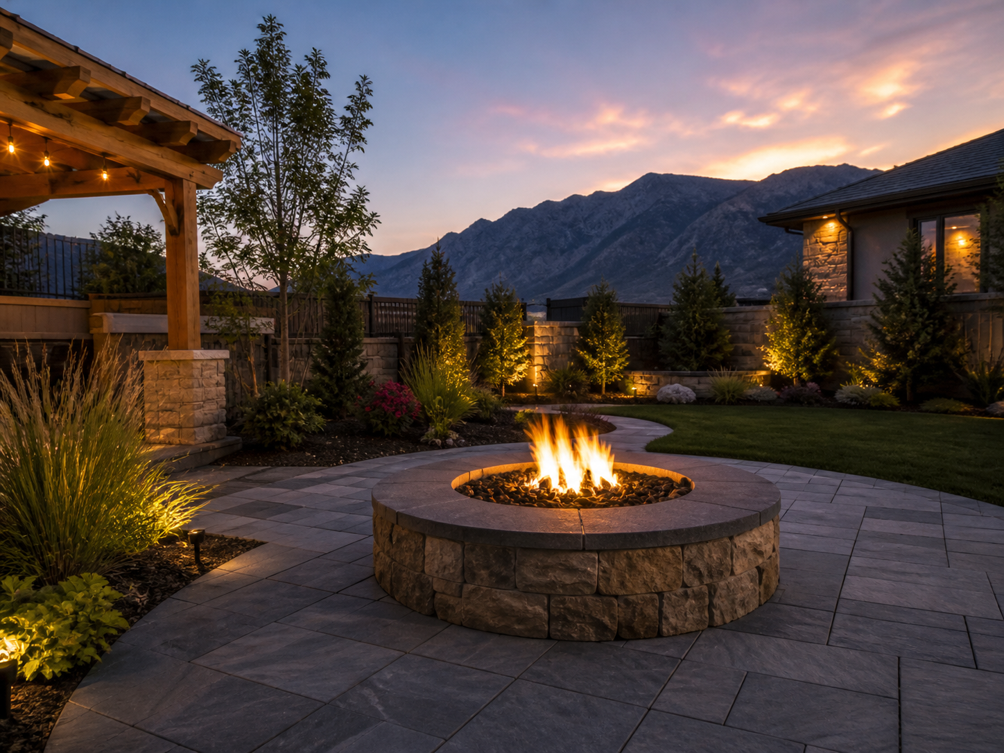 Backyard fire pit and paver patio